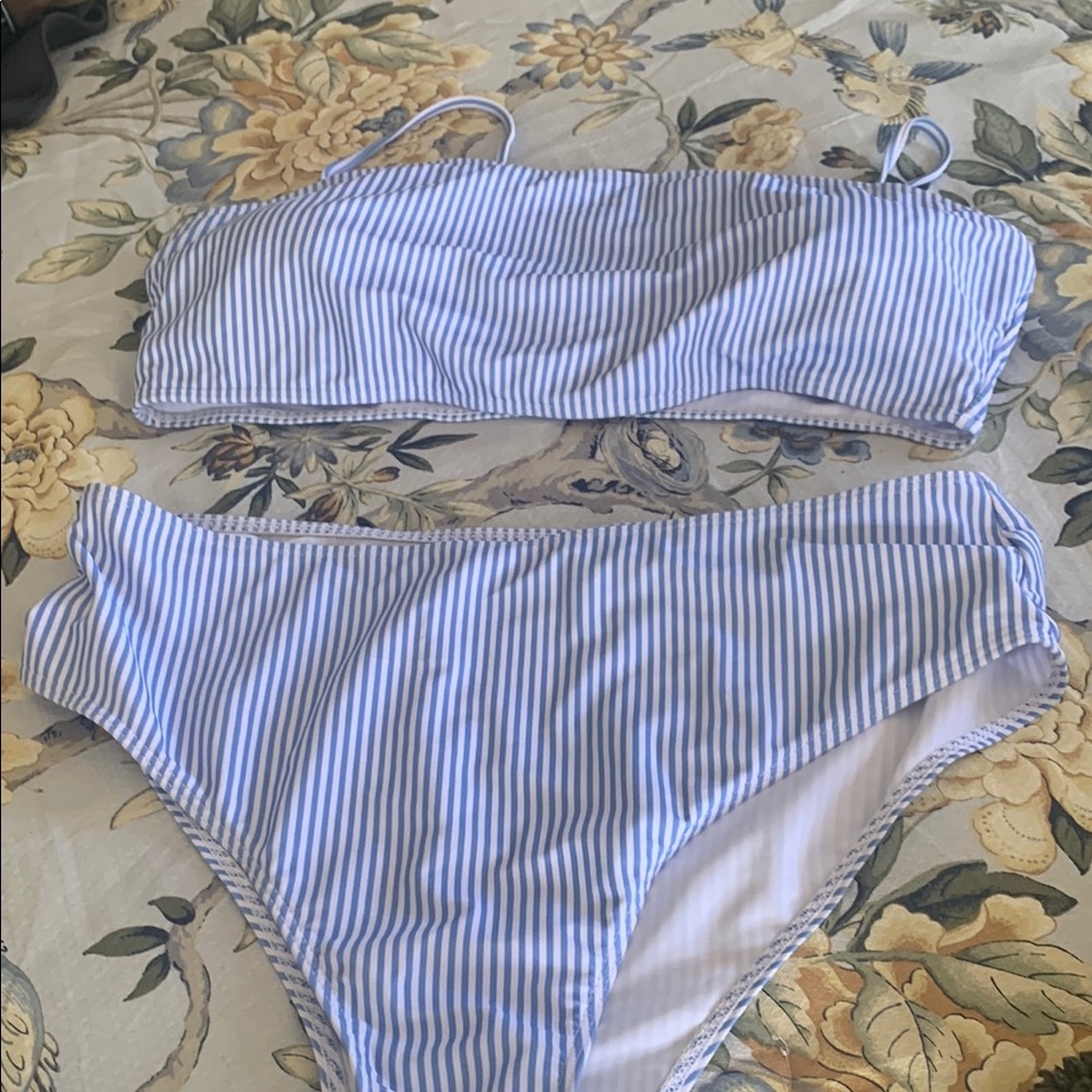 Striped Blue and White Bikini Top